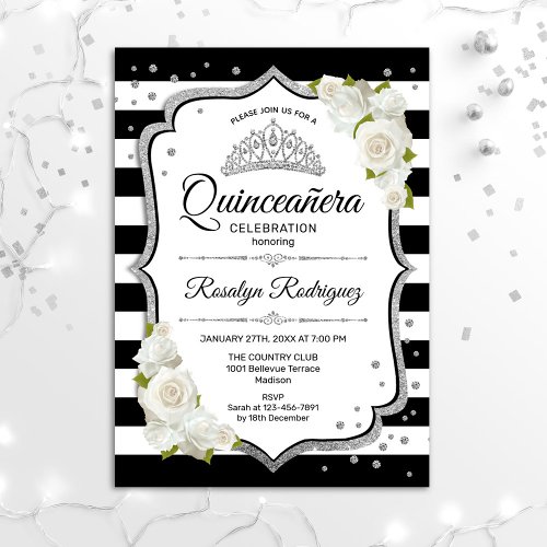 Quinceanera _ White Black Silver Invitation