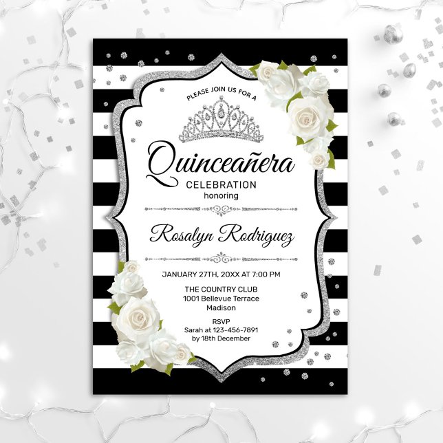 Quinceanera - White Black Silver Invitation (Creator Uploaded)