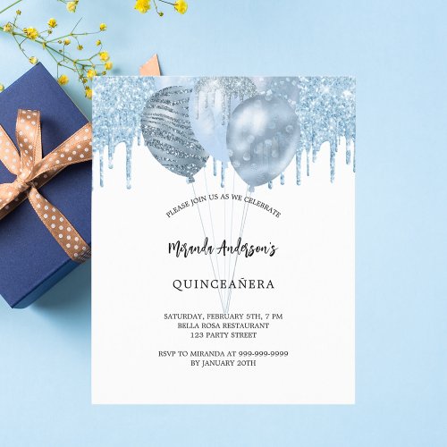 Quinceanera white blue balloons glitter drips invitation postcard