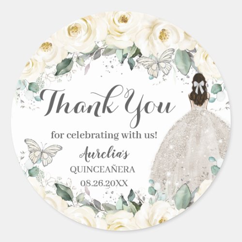 Quinceaera White Floral Princess Butterfly Silver Classic Round Sticker