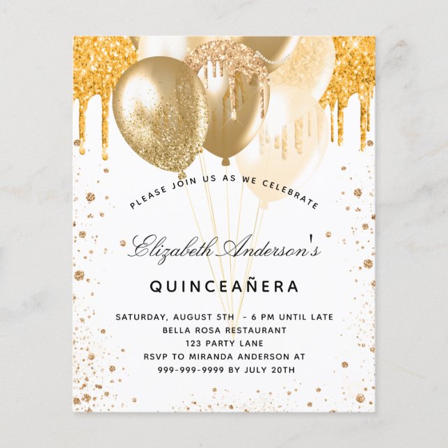 Quinceanera white gold balloons budget invitation flyer (Front)