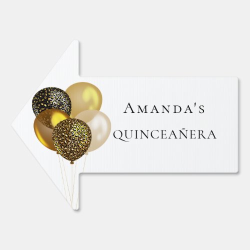 Quinceanera white gold balloons name arrow sign