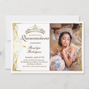 Quinceanera White Gold Beauty Photo Quinceanera Invitation