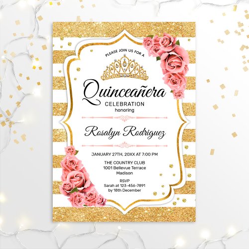 Quinceanera _ White Gold Blush Pink Invitation