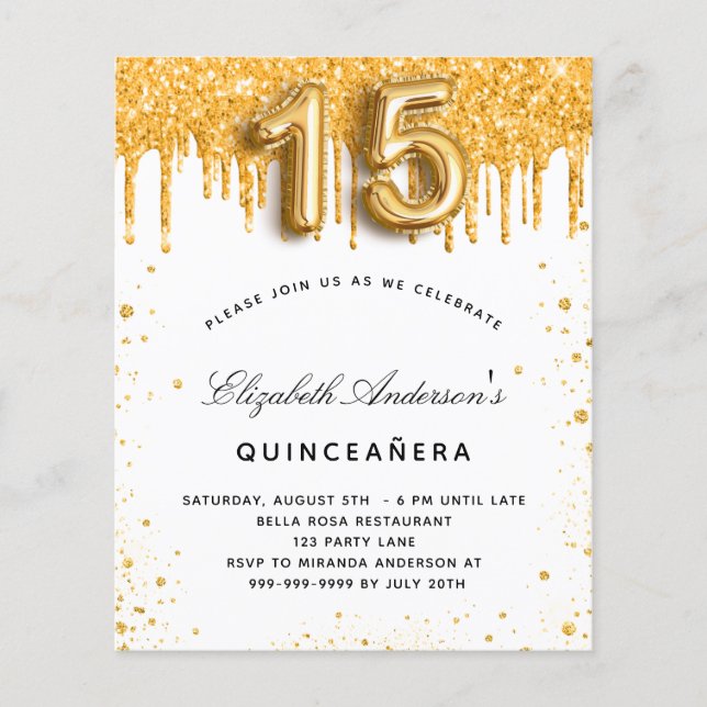 Quinceanera white gold budget invitation flyer (Front)