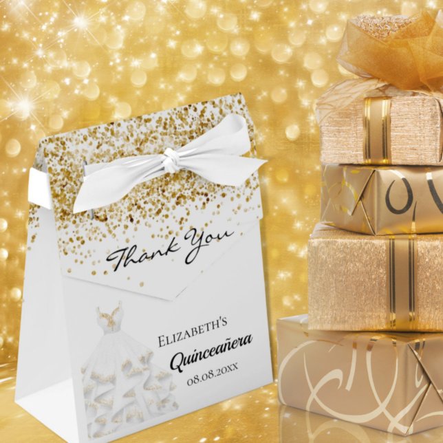Quinceanera white gold dress thank you favor boxes (Creator Uploaded)