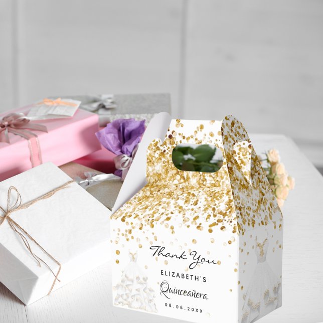 Quinceanera white gold dress thank you favor boxes (Creator Uploaded)