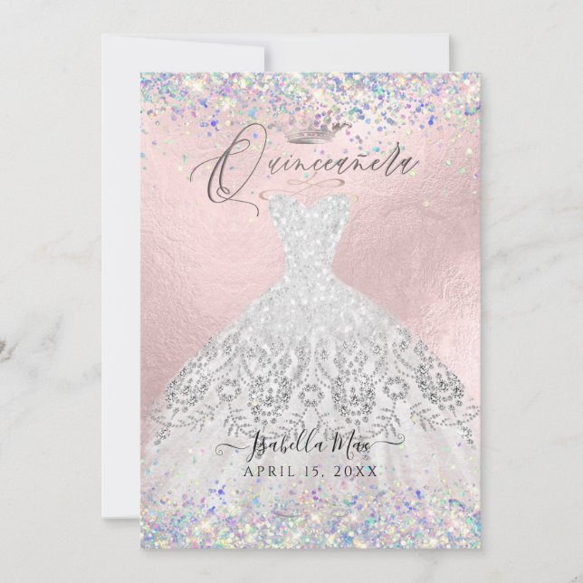 Quinceanera White Gold Dust Glitter Gown Invitation (Front)