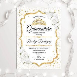 Quinceanera - White Gold Floral Invitation