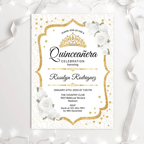 Quinceanera _ White Gold Floral Invitation
