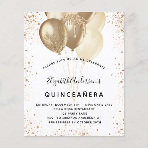 Quinceanera white gold glitter balloons budget flyer
