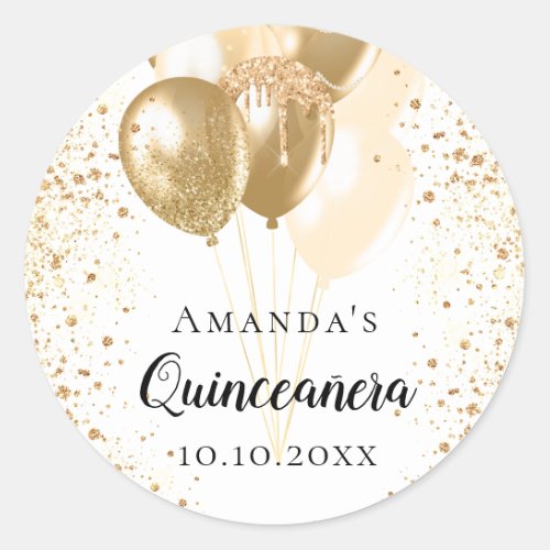 Quinceanera white gold glitter balloons name classic round sticker