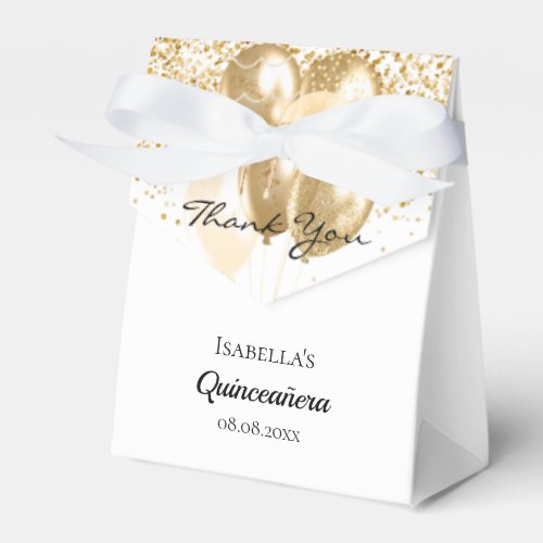 Quinceanera white gold glitter balloons thank you favor boxes