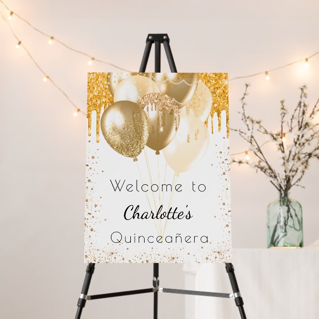 Quinceanera white gold glitter balloons welcome foam board (In Situ (Stand))
