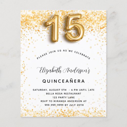 Quinceanera white gold glitter budget invitation flyer