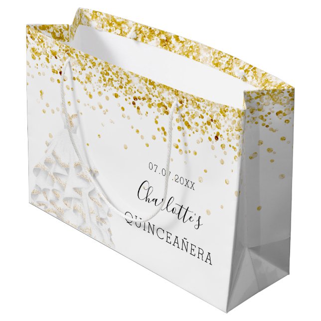 Quinceanera white gold glitter dust dress name large gift bag (Back Angled)