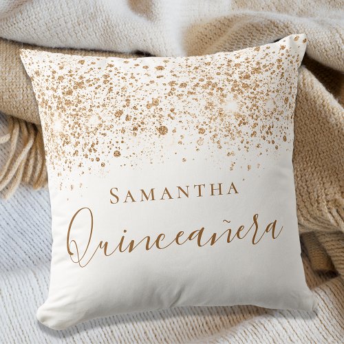 Quinceanera white gold glitter dust monogram  throw pillow