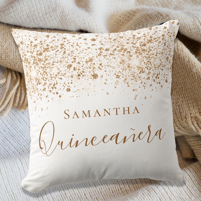 Quinceanera white gold glitter dust monogram  throw pillow (Creator Uploaded)