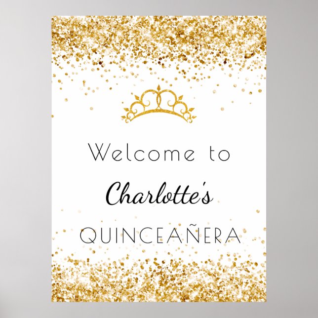 Quinceanera white gold glitter dust tiara welcome poster (Front)