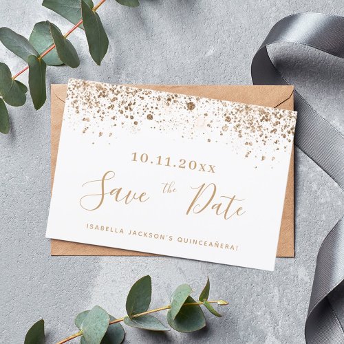Quinceanera white gold glitter save the date  announcement