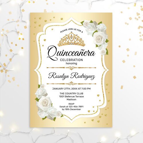 Quinceanera _ White Gold Invitation