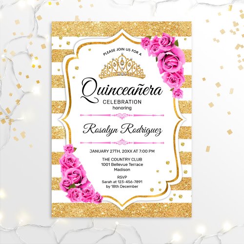 Quinceanera _ White Gold Pastel Pink Invitation