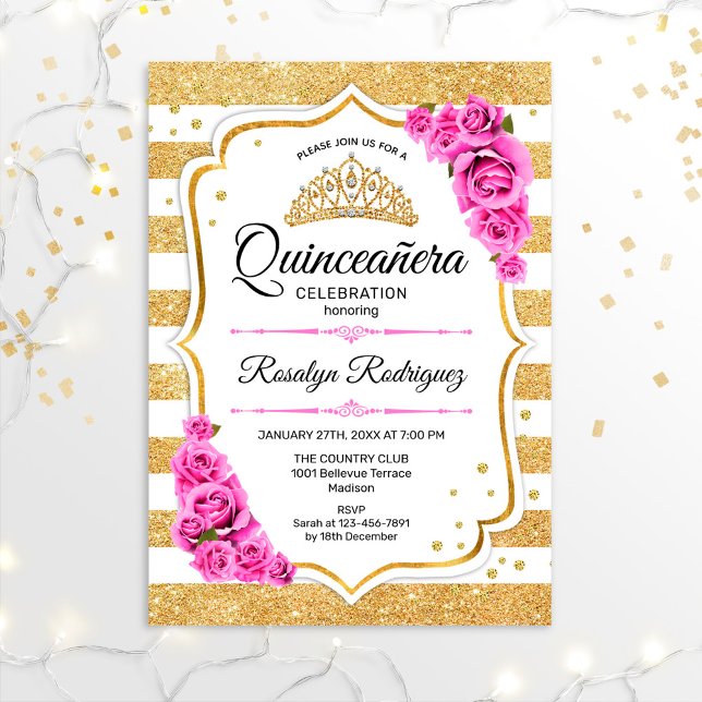 Quinceanera - White Gold Pastel Pink Invitation (Creator Uploaded)