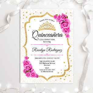 Quinceanera - White Gold Pink Roses Invitation
