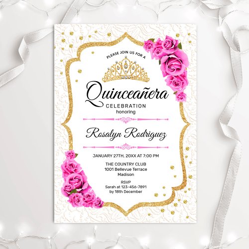 Quinceanera _ White Gold Pink Roses Invitation