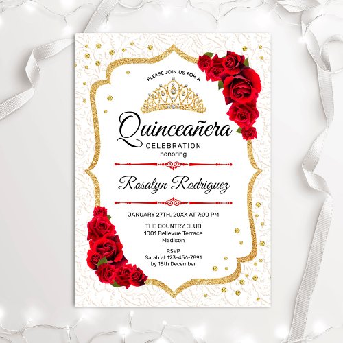 Quinceanera _ White Gold Red Roses Invitation
