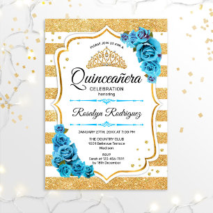 Quinceanera - White Gold Stripes Blue Invitation
