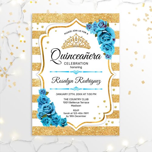 Quinceanera _ White Gold Stripes Blue Invitation