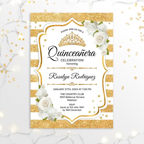 Quinceanera _ White Gold Stripes Invitation