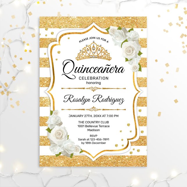 Quinceanera - White Gold Stripes Invitation (Creator Uploaded)