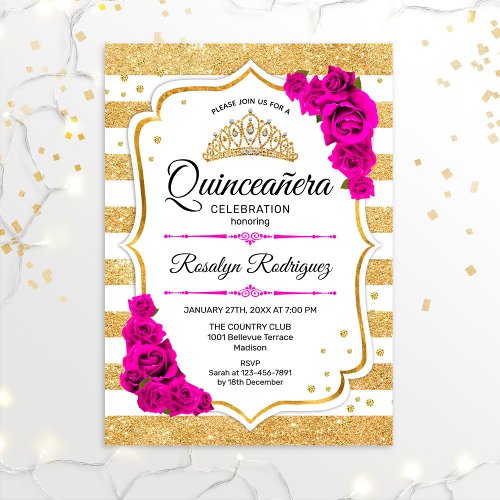 Quinceanera _ White Gold Stripes Pink Invitation