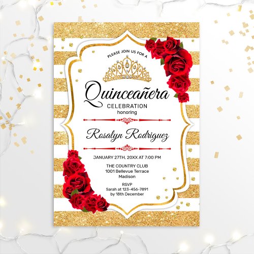 Quinceanera _ White Gold Stripes Red Invitation