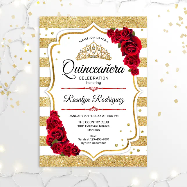 Quinceanera - White Gold Stripes Red Invitation | Zazzle