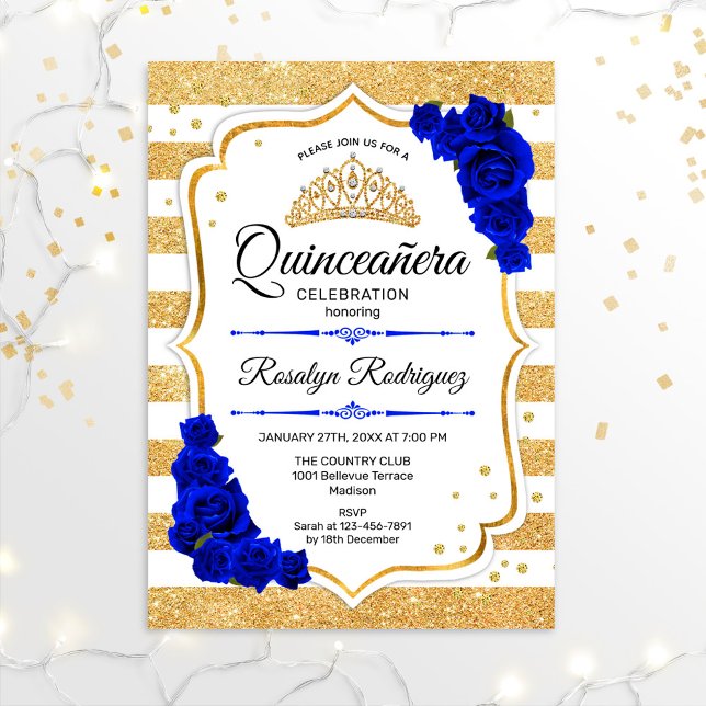 Quinceanera - White Gold Stripes Royal Blue Invitation (Creator Uploaded)