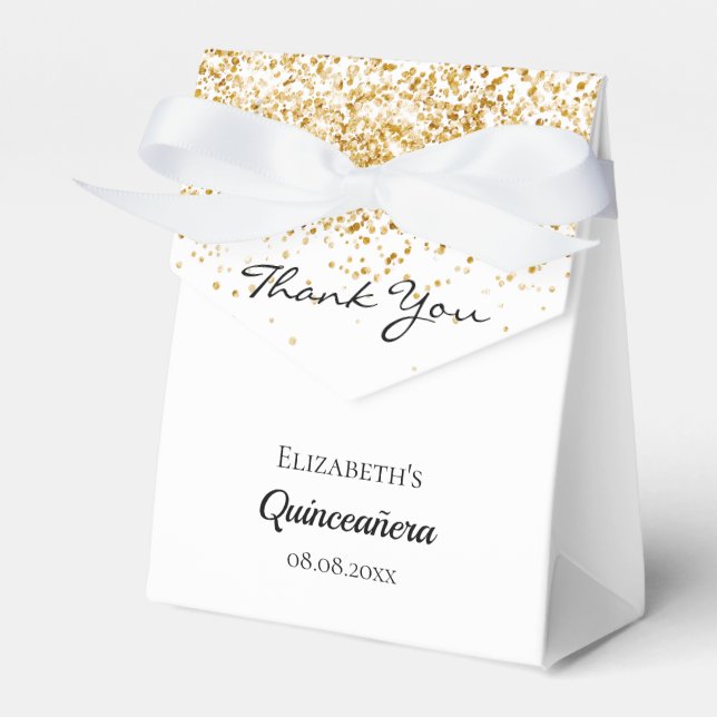 Quinceanera white gold thank you  favor boxes (Front Side)