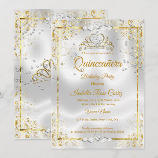 Quinceanera White Gold Tiara Diamond Hearts Invitation
