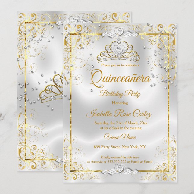 Quinceanera White Gold Tiara Diamond Hearts Invitation (Front/Back)