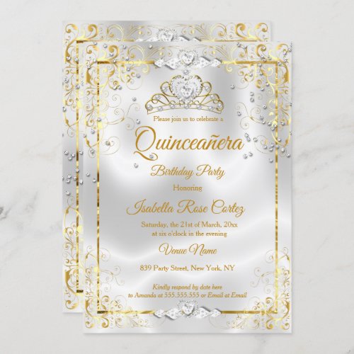 Quinceanera White Gold Tiara Diamond Hearts Invitation