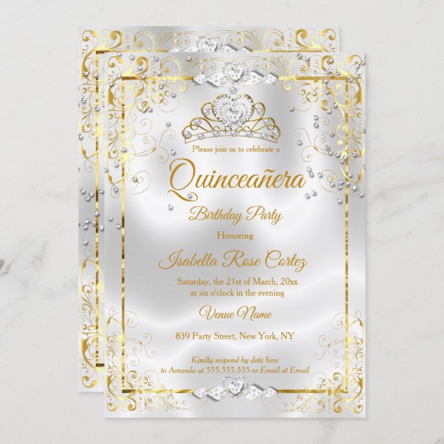 Quinceanera White Gold Tiara Diamond Hearts Invitation (Front/Back)