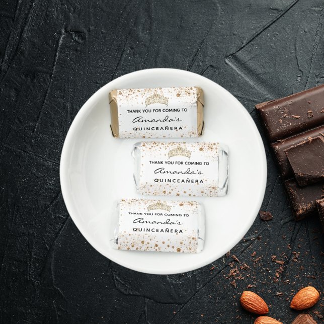 Quinceanera white gold tiara glitter thank you  hershey's miniatures (Creator Uploaded)