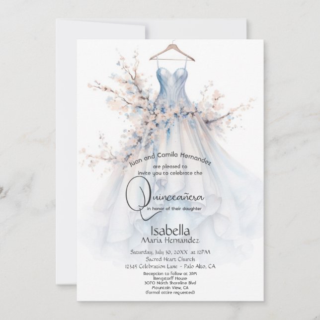 Quinceañera | White Gown with Pink Blossoms Invitation (Front)