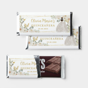 Quinceañera White Ivory Floral Gold Butterflies Hershey Bar Favors