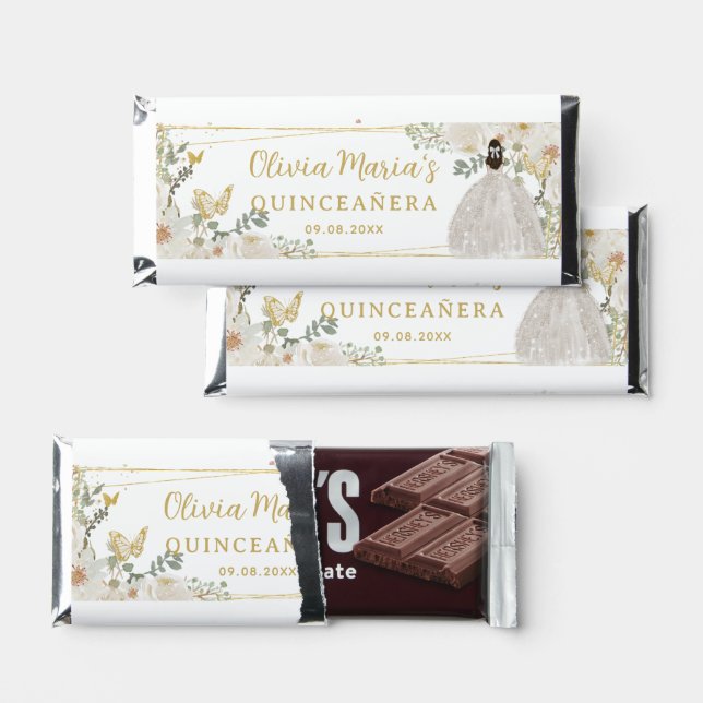 Quinceañera White Ivory Floral Gold Butterflies Hershey Bar Favors (Front)