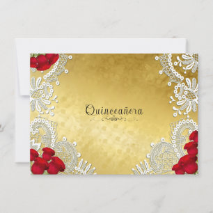 Quinceanera White Lace Red Roses on Gold Invitation