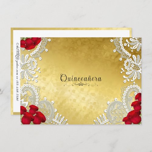  Quinceanera White Lace Red Roses on Gold  Invitation