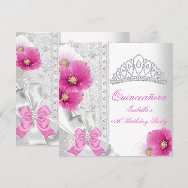 Quinceañera White Pink Floral Diamond Tiara Invitation (Front/Back)